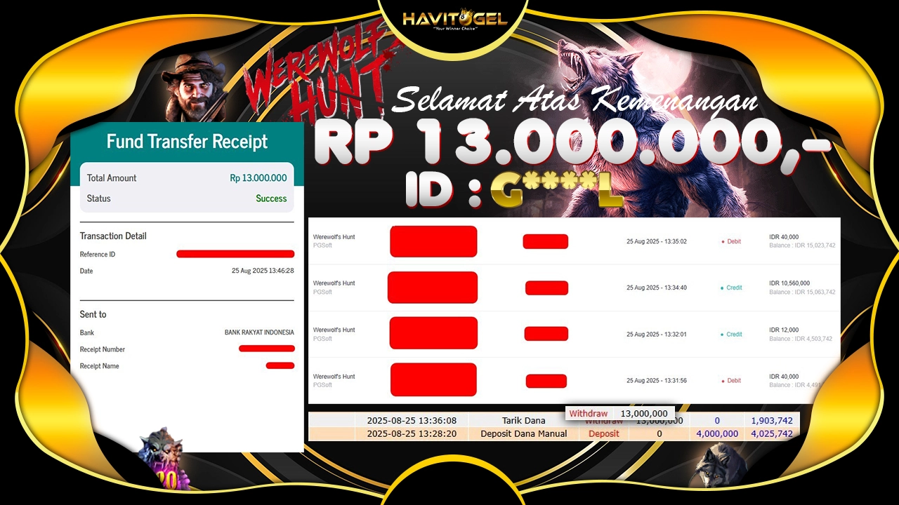 HAVITOGEL – JP WEREWOLF HUNT PROVIDER  SLOT GACOR (PG SOFT) RP 13.000.000,-