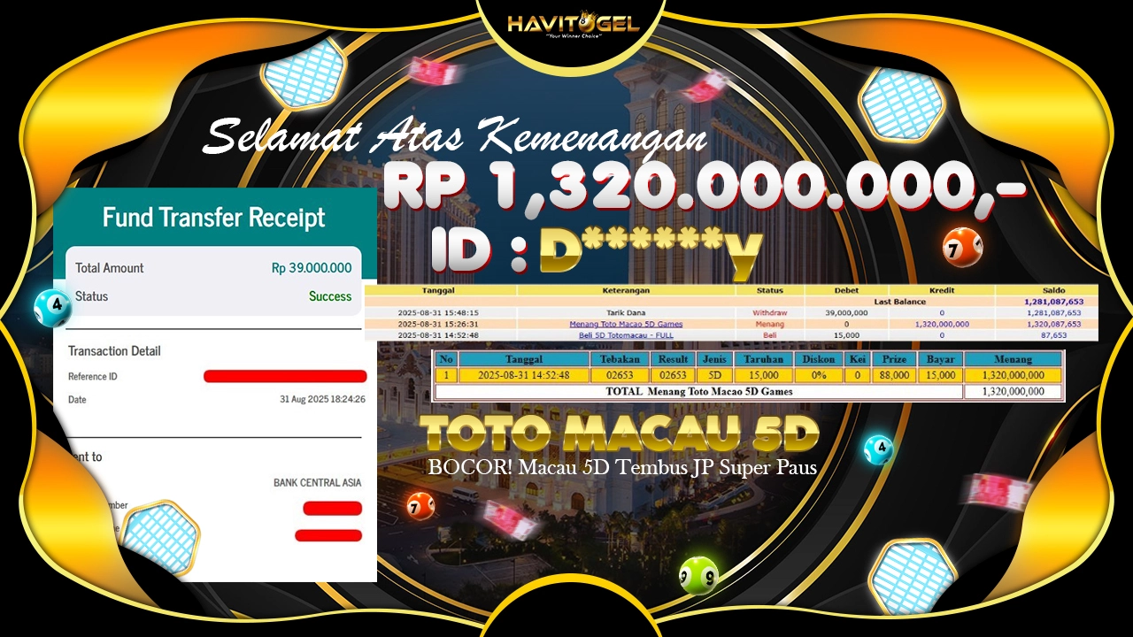 HAVITOGEL – MODAL Rp 15.000,- JP PAUS TOTO MACAU 5D LURUS RP 1.320.000.000,-